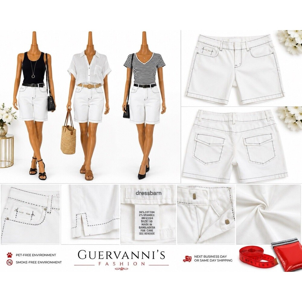 Dressbarn  Womens Size 10 White cream Bermuda Short Pants Stitch Stretch Cotton